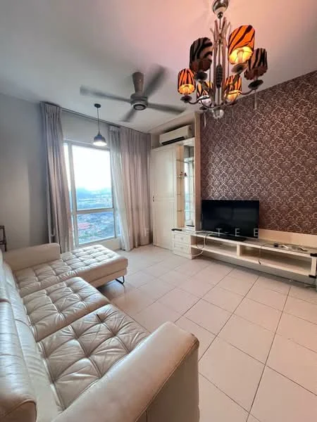 Living features: 3-seater leather sofa in cream, ottoman, wall-mounted TV, TV console, chandelier with decorative shades, ceiling fan, floor-to-ceiling windows, curtains, accent wall with patterned wallpaper, light-colored tiled flooring; style: modern; view: city.