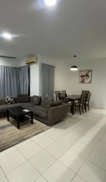 Living features: 3-seater fabric sofa in grey, coffee table, area rug, dining table with 6 chairs, pendant lamp, wall-mounted air conditioning unit, floor-to-ceiling windows with sheer curtains, white painted walls, tile flooring, decorative artwork on wall; style: modern.