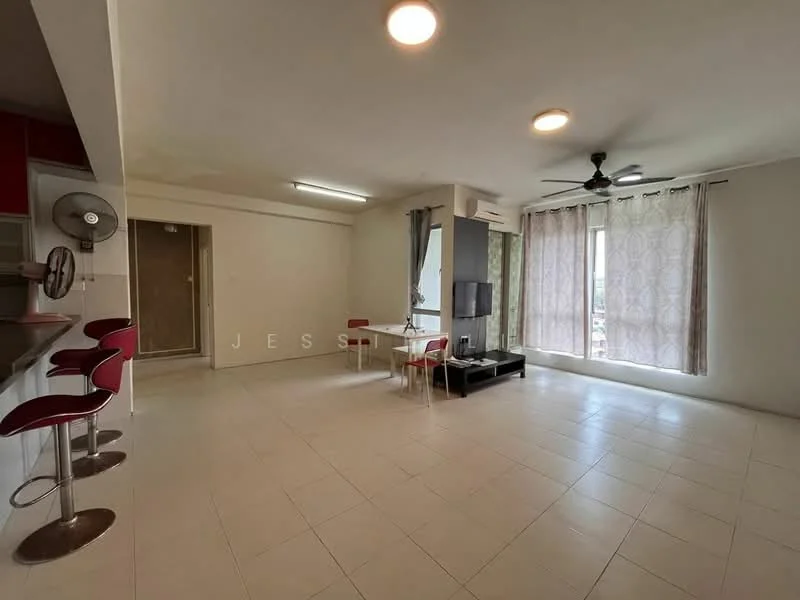 Living features: white painted walls, tile flooring, ceiling fan, recessed downlights, large windows with sheer curtains, wall-mounted TV, TV console, dining table with chairs, bar counter with stools, open layout, neutral color scheme; style: modern; view: city.