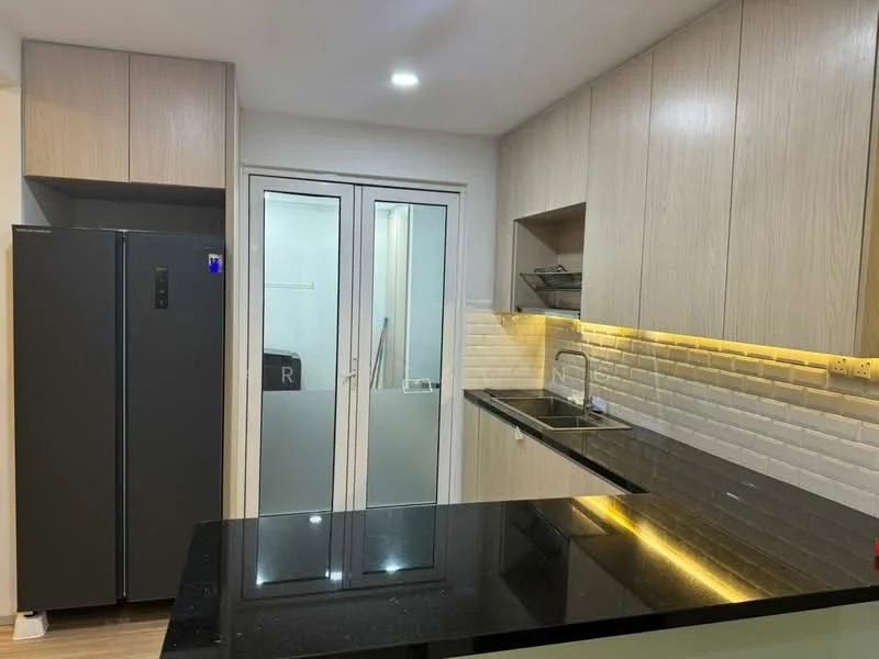 Kitchen features: black granite countertop, light wood cabinetry, stainless-steel fridge, built-in oven, glass sliding door, white subway tile backsplash, single-bowl stainless-steel sink, chrome pull-down faucet, recessed LED downlights, under-cabinet lighting; style: modern.