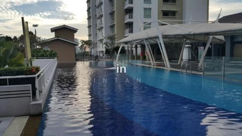 Exterior type: high-rise condominium; features: infinity pool, pool deck with loungers, landscaped garden, modern architecture, water feature, covered seating area, glass railing, surrounding greenery; style: modern.