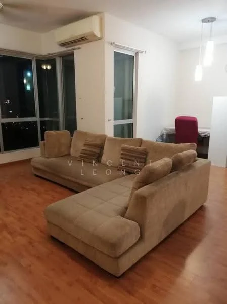 Living features: L-shape sectional sofa in beige, wooden flooring, floor-to-ceiling windows, city view, recessed downlights, 1 wall-mounted split AC, study desk, chair, decorative wall, neutral painted walls; style: modern; view: city.