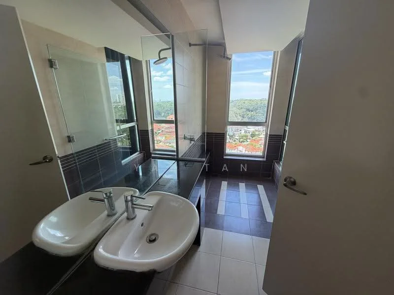 Bathroom features: double-bowl sink, chrome basin mixer faucet, glass shower enclosure, rain shower head, tile flooring, dark wall tiles, light wall tiles, floor-to-ceiling windows, city view; style: modern; view: city.
