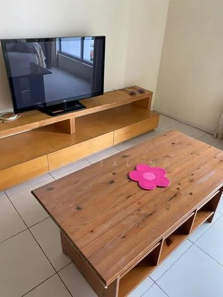 Living features: wooden coffee table, TV console, wall-mounted TV, cream painted walls, large window, tile flooring, decorative flower centerpiece, built-in shelving unit; style: modern.