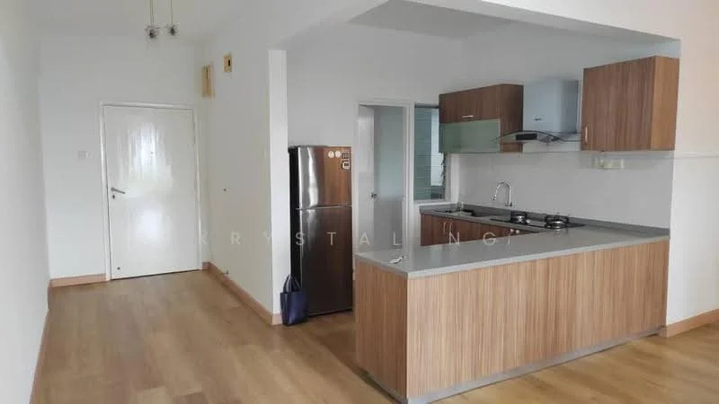 Kitchen features: stainless-steel fridge, stainless-steel sink, chrome pull-down faucet, granite countertop, wood cabinetry, built-in gas hob, exhaust hood, laminate flooring, white painted walls, recessed downlights; style: modern. Room features: white painted walls, laminate flooring, door leading to hallway.