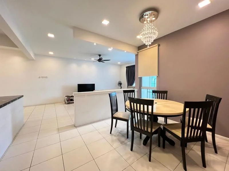 Dining features: round dining table, 4 upholstered dining chairs, chandelier with crystals, white walls, grey accent wall, recessed LED downlights, floor-to-ceiling windows, tile flooring, ceiling fan; style: modern. Living features: wall-mounted TV, sofa, open layout to kitchen, tile flooring; style: modern.
