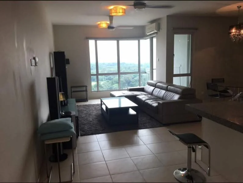 Living features: 3-seater leather sofa in light grey, coffee table, TV console, wall-mounted TV, area rug with geometric pattern, 2 bar stools, floor-to-ceiling windows, ceiling fan, recessed downlights, light fixture with multiple bulbs, neutral painted walls, tile flooring; style: modern; view: garden.