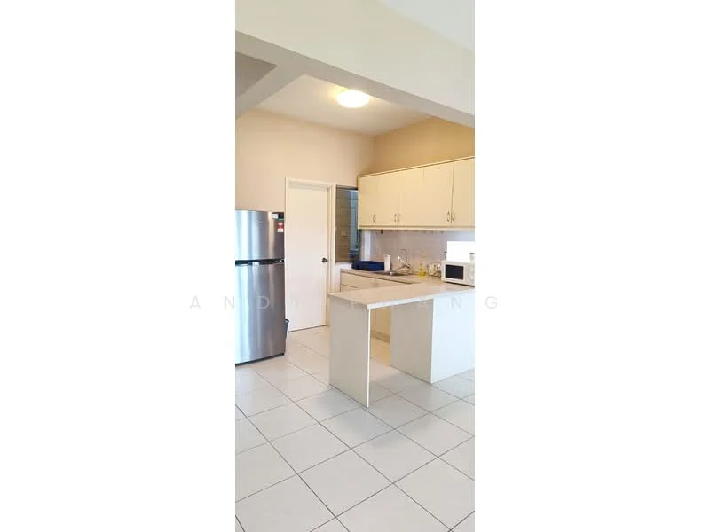 Kitchen features: white cabinetry, stainless-steel fridge, built-in microwave, countertop, tile flooring, single-bowl stainless-steel sink, chrome pull-down faucet, wall-mounted cabinets, open layout, light fixture, neutral wall color, doorway to hallway; style: modern.