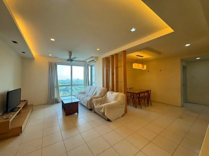 Living features: cream painted walls, tile flooring, tray ceiling with recessed lighting, 5-blade ceiling fan with light, floor-to-ceiling windows, curtains, TV console, wall-mounted TV, 3-seater fabric sofa in white, wood coffee table, dining table with 4 chairs, decorative pendant light; style: modern; view: city.