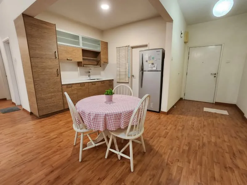 Kitchen features: wood cabinetry with light brown finish, white countertop, single-bowl stainless-steel sink, chrome pull-down faucet, built-in refrigerator, dining table with checkered tablecloth, four white wooden chairs, laminate flooring, recessed ceiling lights, window with blinds; style: modern.