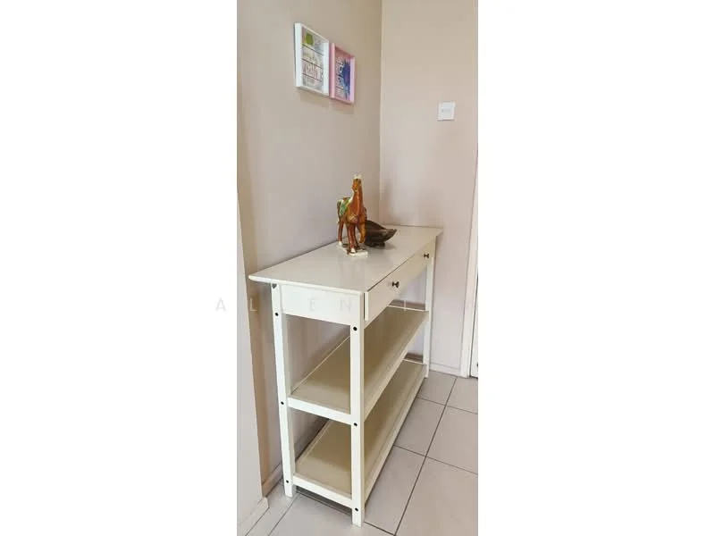Room features: white console table with drawers, open shelving, decorative items on table, framed artwork on wall, light-colored wall, tile flooring; style: modern.
