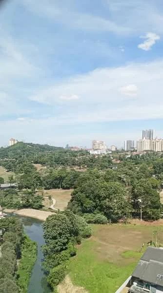 Exterior features: city skyline in background, lush greenery, hillside view, river visible, open sky, urban development in distance.