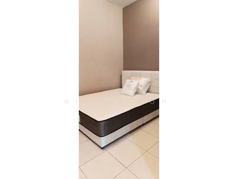 Bedroom features: queen-size bed, upholstered headboard, white bedding, two decorative pillows, cream painted walls, light tile flooring; style: modern.