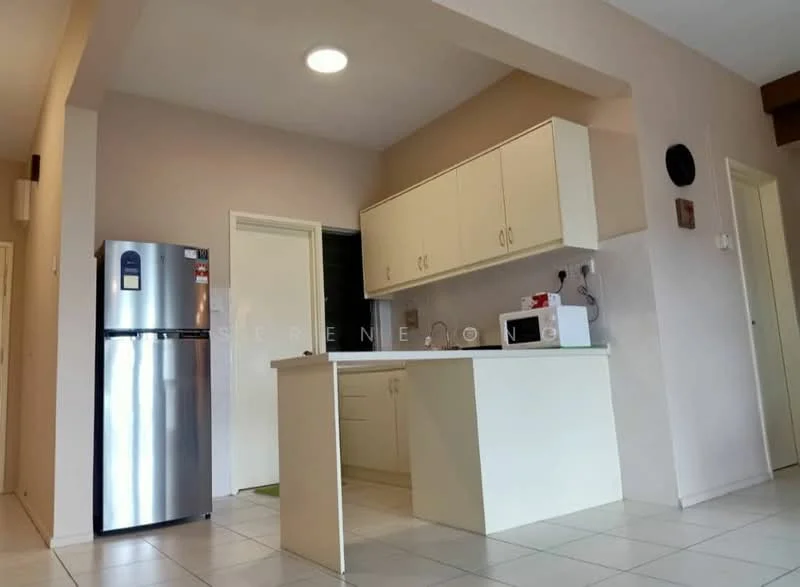 Kitchen features: white cabinetry, stainless-steel fridge, built-in microwave, countertop with breakfast bar, tile flooring, single-bowl stainless-steel sink, chrome pull-down faucet, wall-mounted cabinets, recessed ceiling light; style: modern.