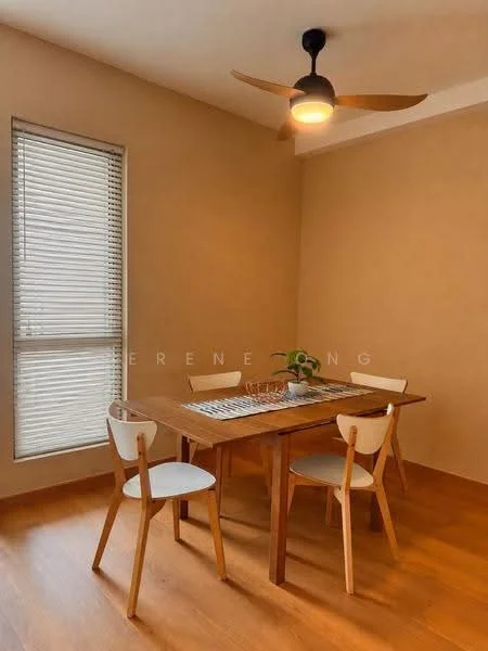 Dining features: wood dining table, 4 dining chairs, 5-blade ceiling fan with light, brown painted walls, laminate flooring, window with blinds, decorative table runner, centerpiece with plants; style: modern.