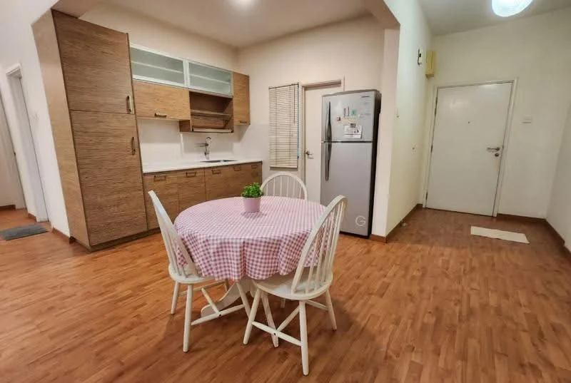 Kitchen features: laminate wood flooring, white painted walls, ceiling light fixture, kitchen cabinetry with wood finish, single-bowl stainless-steel sink, chrome pull-down faucet, built-in refrigerator, dining table with checkered tablecloth, 4 white wooden chairs, window with blinds; style: modern. Room features: white painted walls, laminate wood flooring, main entrance door, window with blinds.