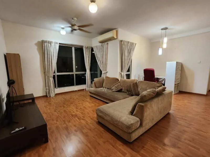 Living features: L-shape sectional sofa in beige, wooden flooring, floor-to-ceiling windows, sheer curtains, 5-blade ceiling fan, recessed downlights, TV console, wall-mounted TV, coffee table, decorative wall art, air conditioning unit; style: modern; view: city.