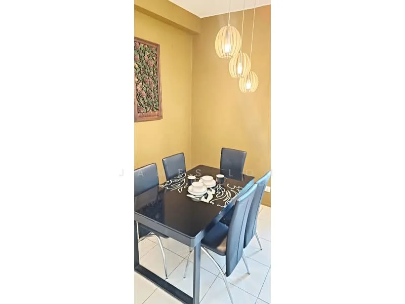 Dining features: black glass dining table, 4 upholstered dining chairs in blue, pendant lighting with three globes, decorative wall art, cream tiled flooring, yellow painted walls, table setting with plates and cups; style: modern.