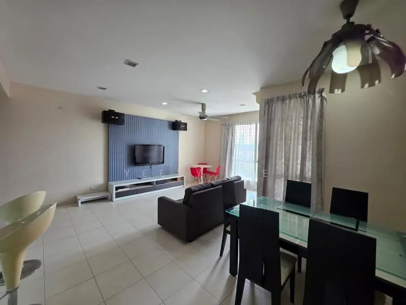 Living features: light grey painted walls, white ceiling, 5-blade ceiling fan with light, wall-mounted TV, white TV console, black leather sofa, glass coffee table, dining table with black chairs, floor-to-ceiling windows with sheer curtains, tile flooring; style: modern; view: city.