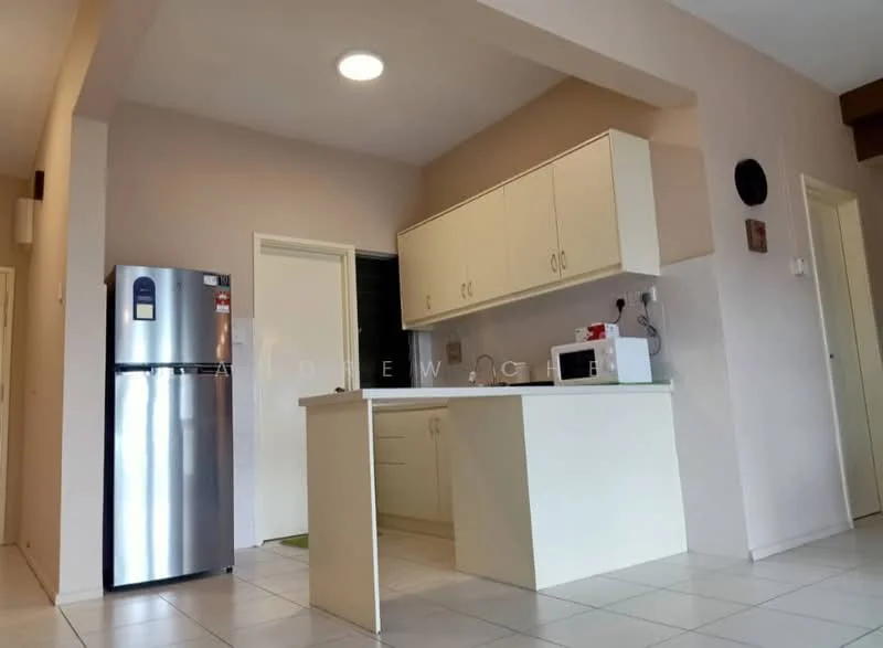 Kitchen features: stainless-steel fridge, white cabinetry, microwave, kitchen island, single-bowl stainless-steel sink, chrome pull-down faucet, tile flooring, recessed ceiling light; style: modern.