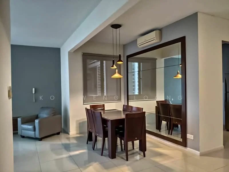 Dining features: dining table with four chairs, pendant lighting above table, mirror on wall, grey accent wall, white painted walls, floor-to-ceiling windows with blinds, air conditioning unit on wall, light-colored tiled flooring; style: modern. Living features: single armchair in light grey fabric, side table next to armchair; style: modern.