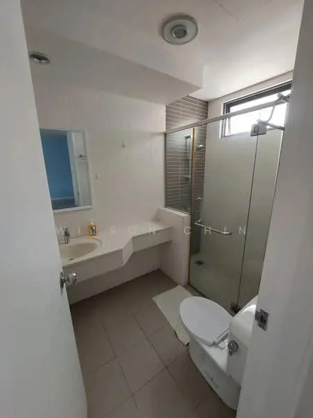 Bathroom features: single-sink vanity with light wood cabinet, framed mirror, glass shower enclosure, rain shower head, handheld shower, one-piece toilet, tile cladding on walls, grey tile flooring, exhaust fan, window for natural light; style: modern.