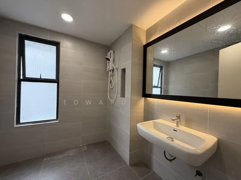 Bathroom features: grey ceramic tile flooring, light grey wall tiles, walk-in shower with glass enclosure, rain shower head, handheld shower, single-sink vanity with wall-mounted faucet, framed mirror with LED backlighting, window with black frame, recessed downlights; style: modern.