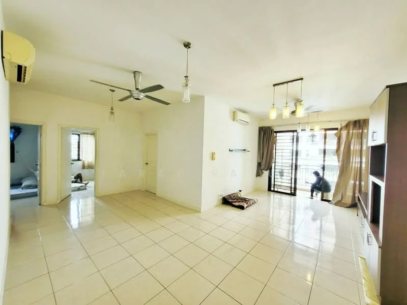 Living features: white painted walls, ceramic tile flooring, 5-blade ceiling fan with light, 2 wall-mounted split ACs, floor-to-ceiling windows, sliding glass door, sheer curtains, recessed LED downlights, TV console, built-in shelving unit; style: modern; view: city. Room features: white painted walls, ceramic tile flooring, doorway leading to another room.