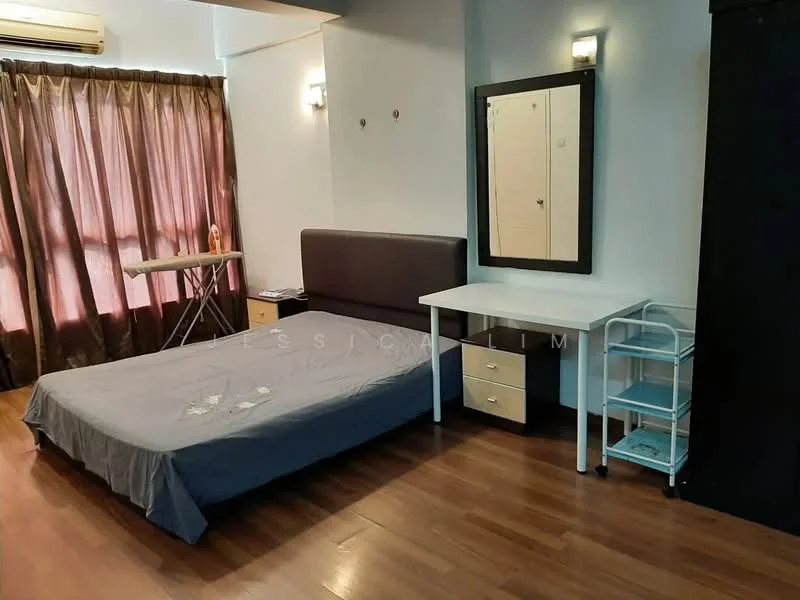 Bedroom features: queen-size bed with grey bedding, wooden flooring, brown curtains, wall-mounted mirror, white desk with chair, nightstand with drawers, open shelving unit, iron board, air conditioning unit, wall sconces; style: modern.