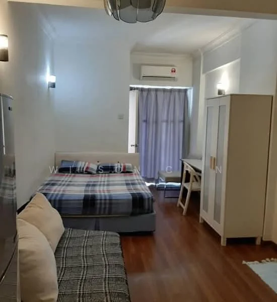 Bedroom features: queen-size bed with plaid bedding, sofa with grey upholstery, wooden flooring, white painted walls, 1 wall-mounted split AC, desk with chair, curtains, 2 wall sconces, built-in wardrobe with sliding doors; style: modern.