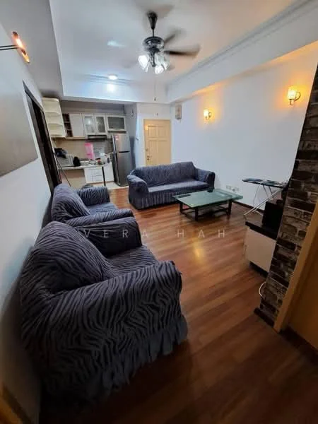 Living features: 3-seater fabric sofa in purple, 2-seater fabric sofa in purple, glass coffee table, wooden flooring, ceiling fan with light, wall-mounted TV, decorative wall sconces, exposed brick accent wall, built-in shelving unit, neutral painted walls; style: contemporary.