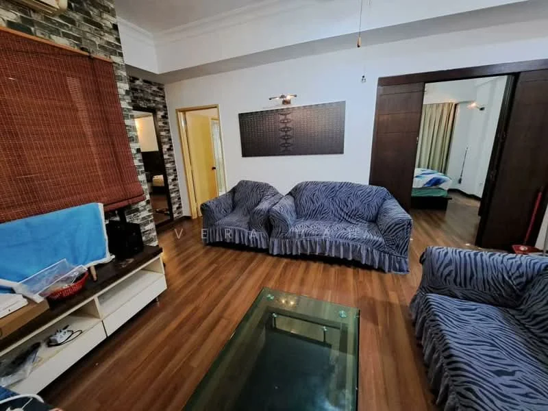 Living features: zebra print fabric sofas, glass coffee table, wooden flooring, exposed brick accent wall, recessed lighting, wall-mounted artwork, curtains, doorway leading to another room; style: modern.