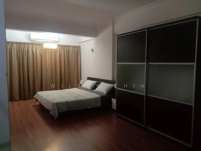 Bedroom features: queen-size bed with light bedding, wooden flooring, built-in wardrobe with sliding doors, air conditioning unit on wall, floor-to-ceiling curtains in beige, wall-mounted light fixture, neutral wall color, decorative wall paneling; style: modern.