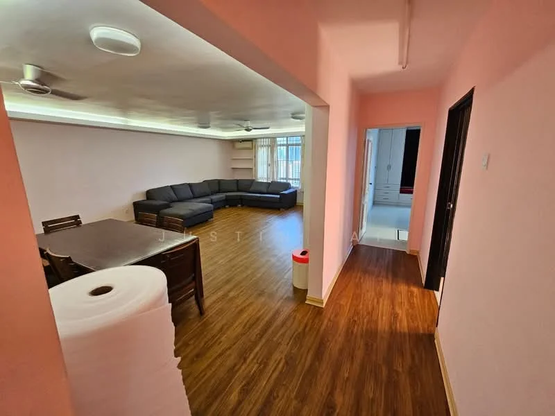 Living features: L-shape sectional sofa in dark grey, wooden dining table with chairs, laminate flooring, ceiling fan, recessed lighting, wall-mounted shelves, large windows with sheer curtains, pink painted walls; style: modern. Room features: doorway leading to hallway, light-colored walls, laminate flooring.