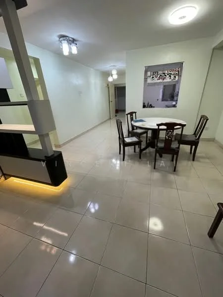Dining features: round dining table, 4 dining chairs, cream tiled flooring, white painted walls, recessed ceiling lights, wall-mounted artwork, open layout, natural light from hallway; style: modern. Room features: cream tiled flooring, white painted walls, recessed ceiling lights, open layout.