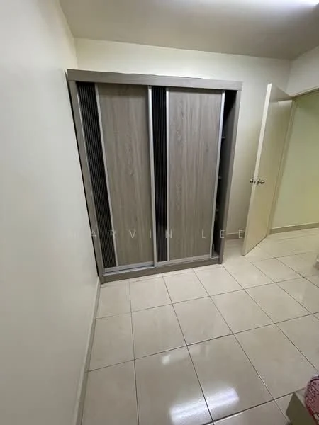Room features: sliding wardrobe with wooden finish, white painted walls, glossy tile flooring, neutral color scheme, door leading to another room; style: modern.