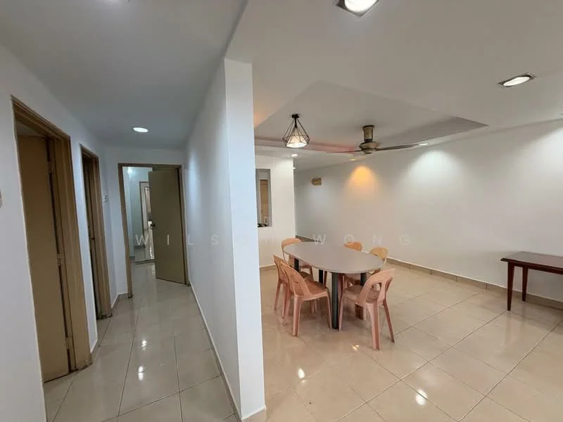 Dining features: round dining table, 4 plastic dining chairs in pink, white painted walls, tile flooring, recessed downlights, ceiling fan, decorative ceiling with tray design, wall-mounted air conditioning unit; style: modern. Hallway features: white painted walls, tile flooring, doorway leading to other rooms, light fixture in hallway.