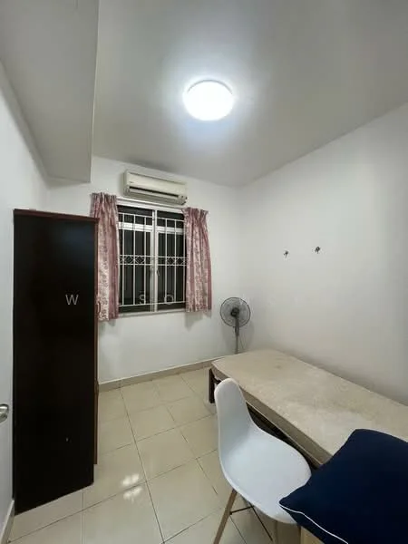 Room features: white painted walls, tile flooring, ceiling light fixture, window with metal grille, curtains in pink, air conditioning unit, standing fan, wooden wardrobe, table with marble top, white chair; style: modern.