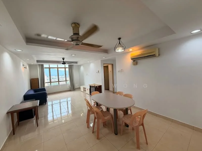 Living features: 5-blade ceiling fan with light, recessed downlights, large windows with city view, cream painted walls, glossy tile flooring, dining table with 6 chairs, sofa in blue fabric, air conditioning unit, decorative pendant light, TV console; style: modern; view: city.