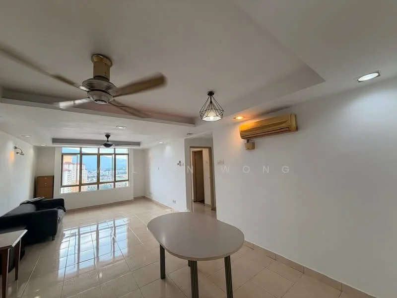 Living features: 5-blade ceiling fan with light, recessed downlights, pendant light, floor-to-ceiling windows, white painted walls, cream tiled flooring, black fabric sofa, round dining table, air conditioning unit, TV console, city view; style: modern; view: city.