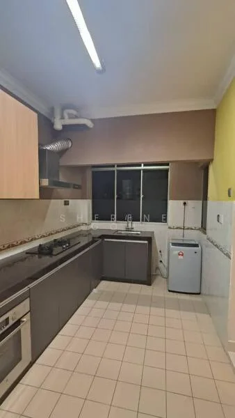 Kitchen features: L-shaped kitchen layout, grey cabinetry, light wood upper cabinets, granite countertop, stainless-steel built-in oven, 4-burner gas hob, stainless-steel range hood, single-bowl stainless-steel sink, chrome pull-down faucet, white refrigerator, tile flooring, window with city view, exposed plumbing, light fixture; style: modern; view: city.