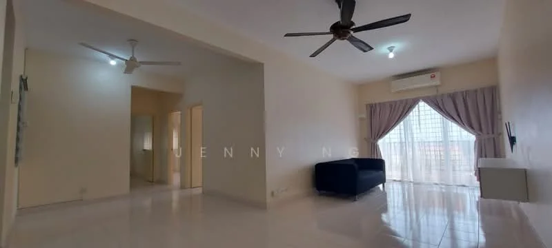 Living features: white painted walls, glossy tile flooring, 5-blade ceiling fan, wall-mounted TV, sofa in dark blue, curtains in light fabric, large window with natural light, air conditioning unit; style: modern. Room features: white painted walls, glossy tile flooring, ceiling light, doorway leading to other rooms.