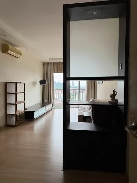 Living features: laminate flooring, cream painted walls, floor-to-ceiling windows, curtains, wall-mounted TV, TV console, 3-seater fabric sofa, decorative sculpture, open shelving unit, air conditioning unit, light fixture, balcony view; style: modern; view: city.