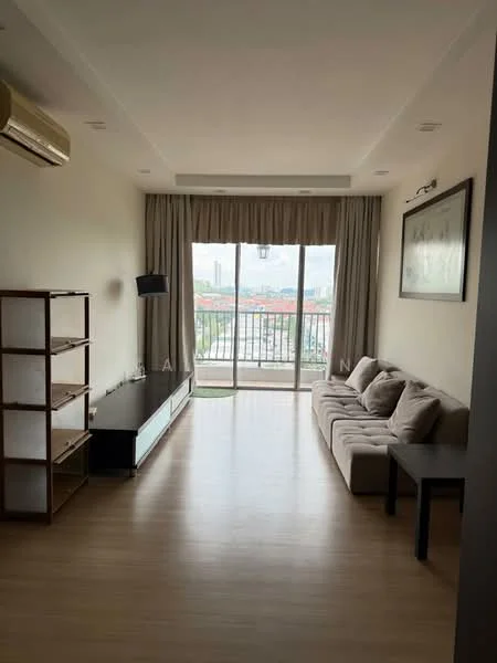 Living features: 3-seater fabric sofa in beige, coffee table, TV console, wall-mounted TV, floor-to-ceiling windows, sliding glass door, sheer curtains, laminate flooring, air conditioning unit, decorative wall art, light fixture, balcony view; style: modern; view: city.