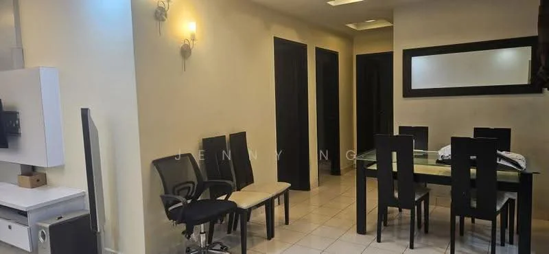Dining features: dining table with glass top, black dining chairs, white walls, tile flooring, wall-mounted mirror, recessed ceiling lights, two wall sconces, open layout, adjacent hallway; style: modern. Room features: black doors, neutral wall color, tile flooring.