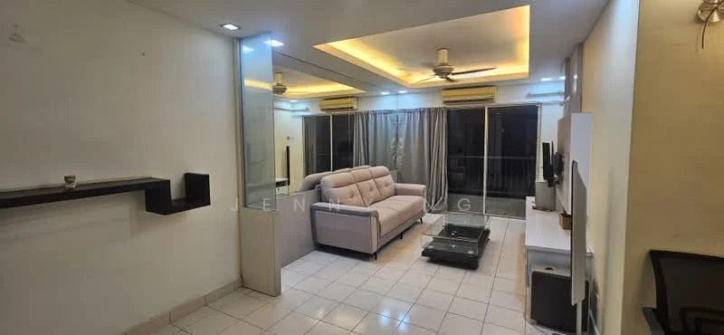 Living features: 3-seater fabric sofa in light beige, glass coffee table, wall-mounted TV, TV console, floor-to-ceiling windows, sheer curtains, 2 wall-mounted split AC units, recessed downlights, ceiling fan, white painted walls, tile flooring; style: modern; view: city.