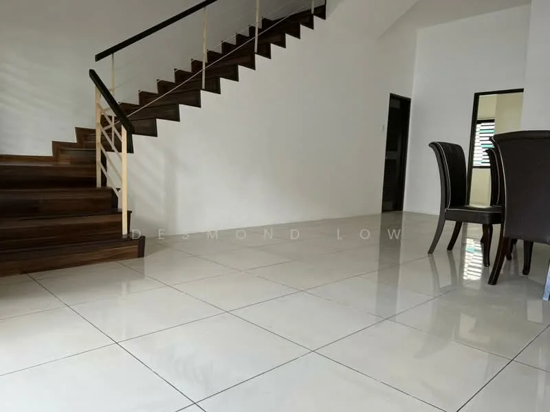 Room features: white painted walls, glossy ceramic tile flooring, wooden staircase with railing, dark wood steps, dining table with chairs, large windows, open space layout; style: modern.
