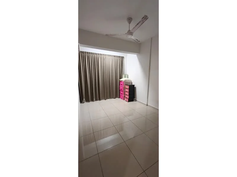 Room features: white painted walls, glossy tile flooring, 5-blade ceiling fan, floor-to-ceiling window, curtains in beige, pink storage cabinet, minimalist decor; style: modern.