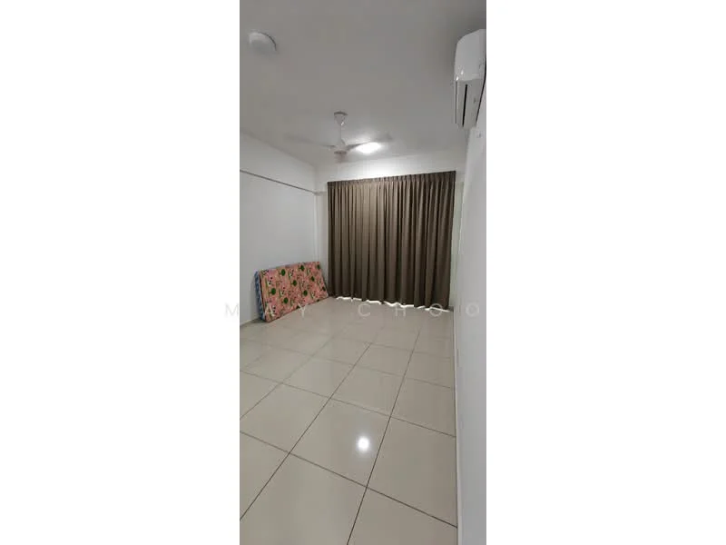 Room features: white painted walls, glossy ceramic tile flooring, ceiling fan, curtains, air conditioning unit, blanket on bed, neutral color scheme; style: modern.