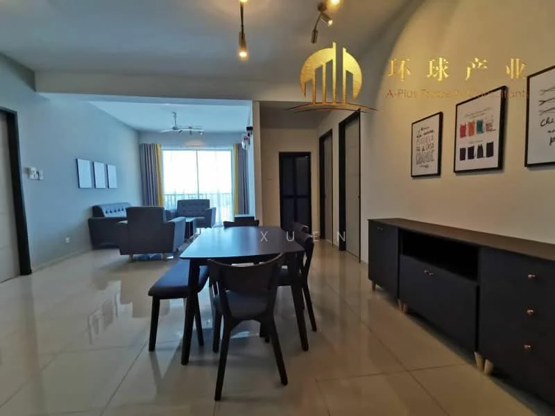 Dining features: dining table with 6 chairs, polished tile flooring, ceiling lights, wall-mounted artwork, open layout to living area, large window with natural light, neutral wall color, sideboard cabinet; style: modern; view: city. Living features: sofa set, coffee table, floor-to-ceiling window, ceiling fan, neutral wall color, open layout to dining area; style: modern; view: city.